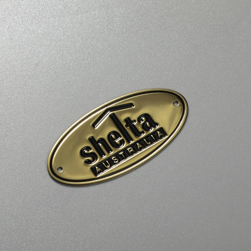Benutzerdefiniertes Namensschild aus Edelstahl, Aluminium und Messing-Logo